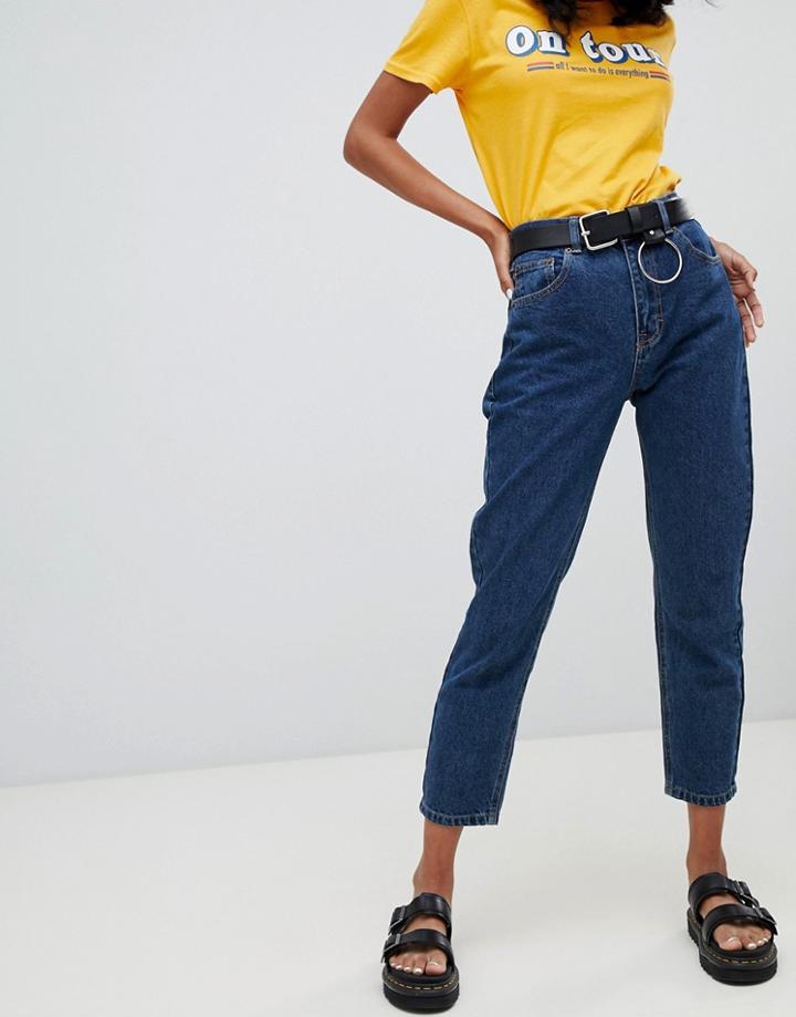 Pull & Bear Classic Mom Jean In Dark Blue - Blue