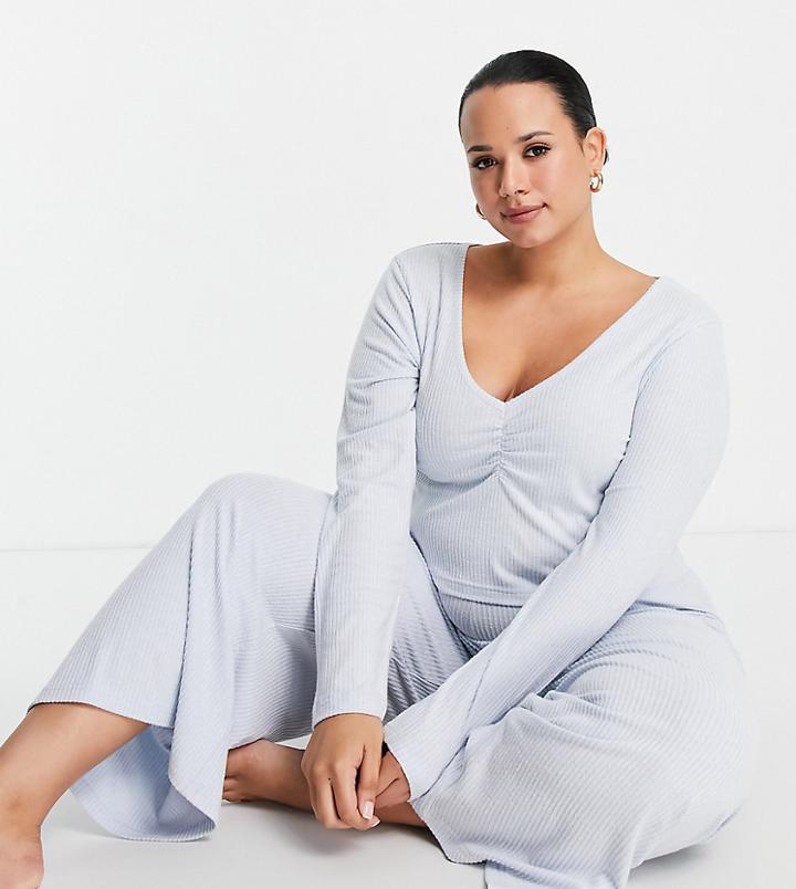 Asos Design Curve Lounge Super Soft Rib Long Sleeve Tee & Culotte Set In Blue-blues