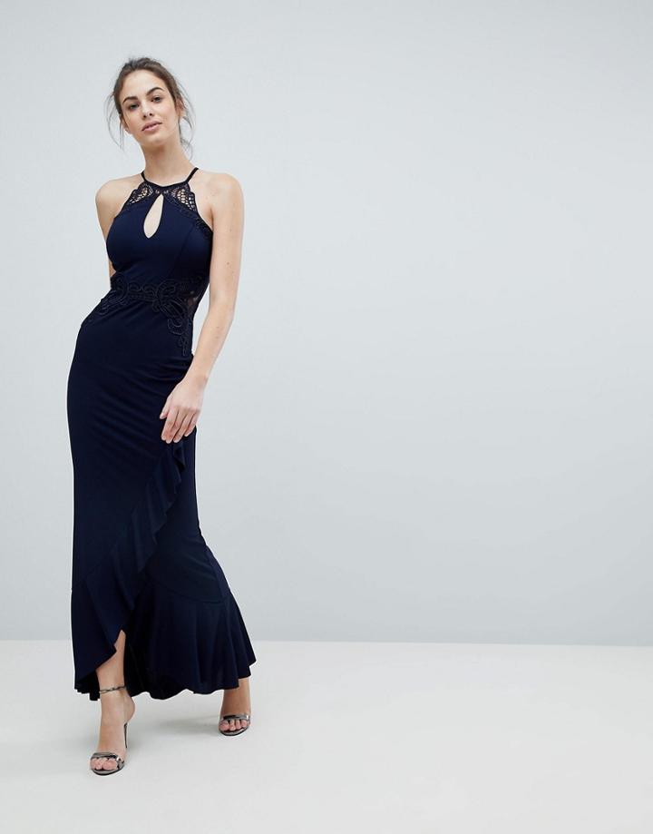 Lipsy Lace Trim Maxi Dress With Frill Skirt - Navy