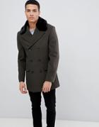 French Connection Double Breasted Wool Rich Pea Coat With Faux Fur Collar-green