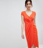 City Goddess Tall Bardot Wrap Over Pencil Midi Dress - Orange