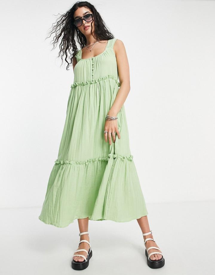 Asos Design Button Detail Trapeze Tiered Double Cloth Maxi Sundress In Green