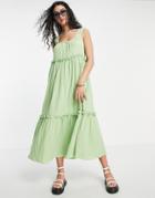 Asos Design Button Detail Trapeze Tiered Double Cloth Maxi Sundress In Green