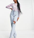 Missyempire Exclusive Straight Leg Jeans With Rips In Blue-blues