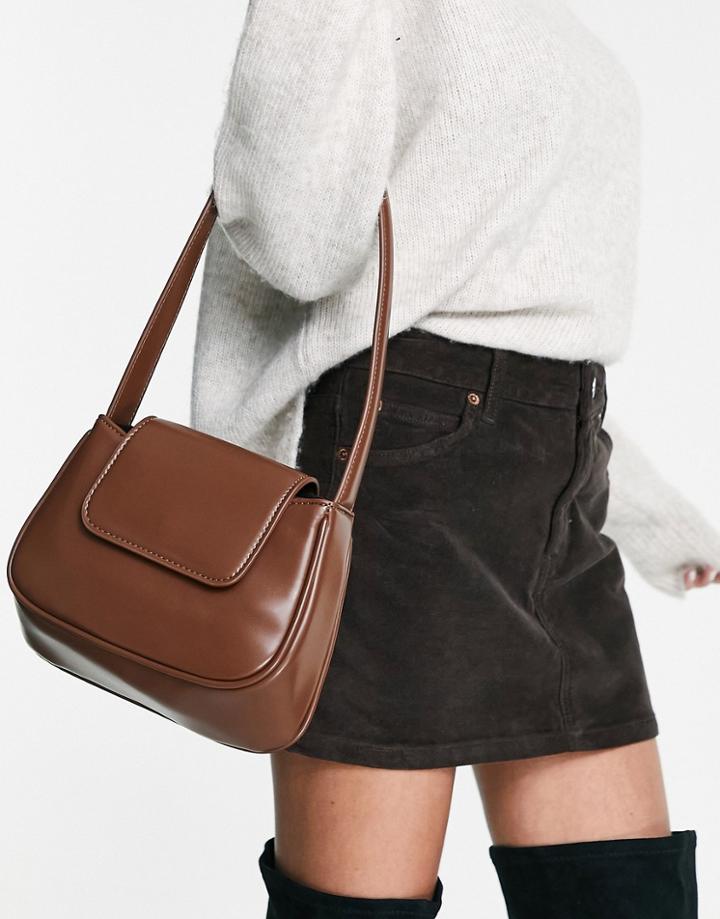 Asos Design Curved Shoulder Bag With Flap In Chocolate-brown