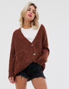 Asos Design Rib Knit Button Cardigan In Oversized Shape-brown