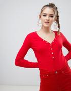 New Look V Neck Top With Popper Detail In Red - Red