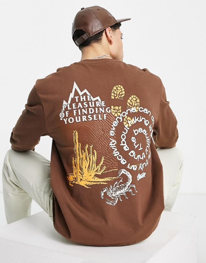 Pull & Bear Oversized Small Logo Long Sleeve Top In Brown