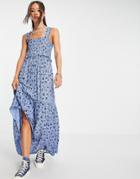 Topshop Shirred Ditsy Print Midaxi Dress In Blue