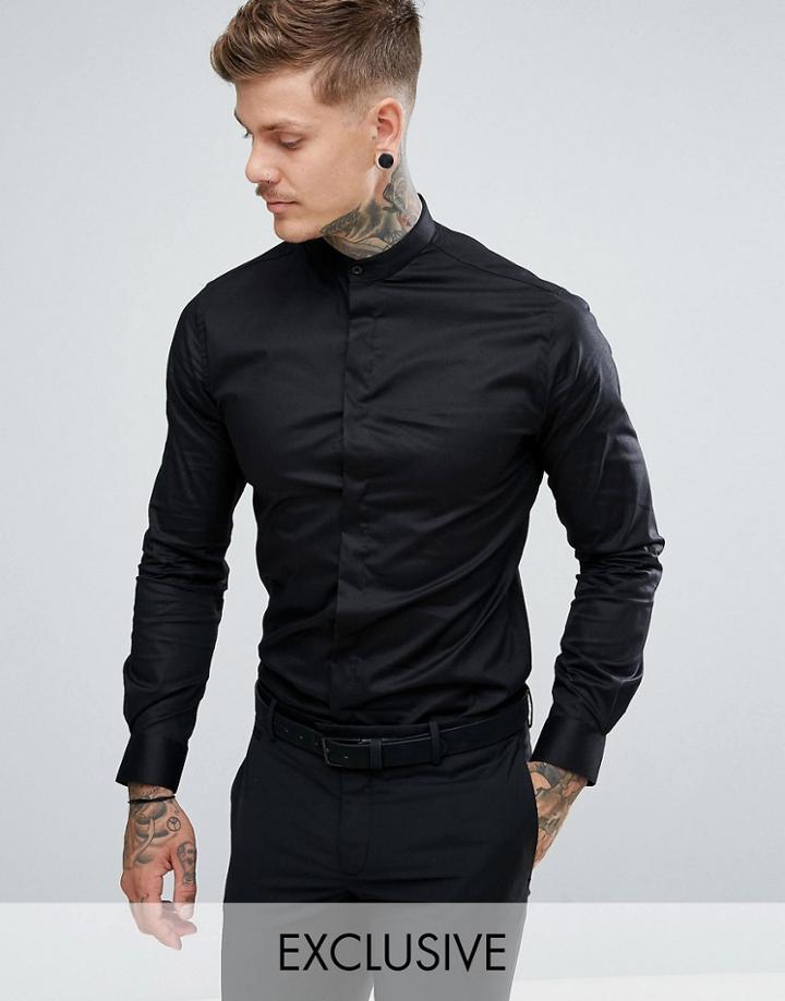 Noose & Monkey Skinny Smart Shirt With Grandad Collar - Black