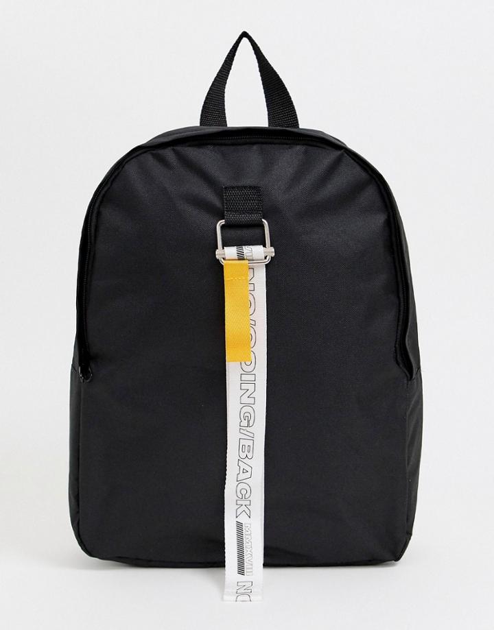 Asos Design Backpack In Black With Slogan Strap - Black
