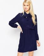 Asos Waisted Pussybow Dress - Navy