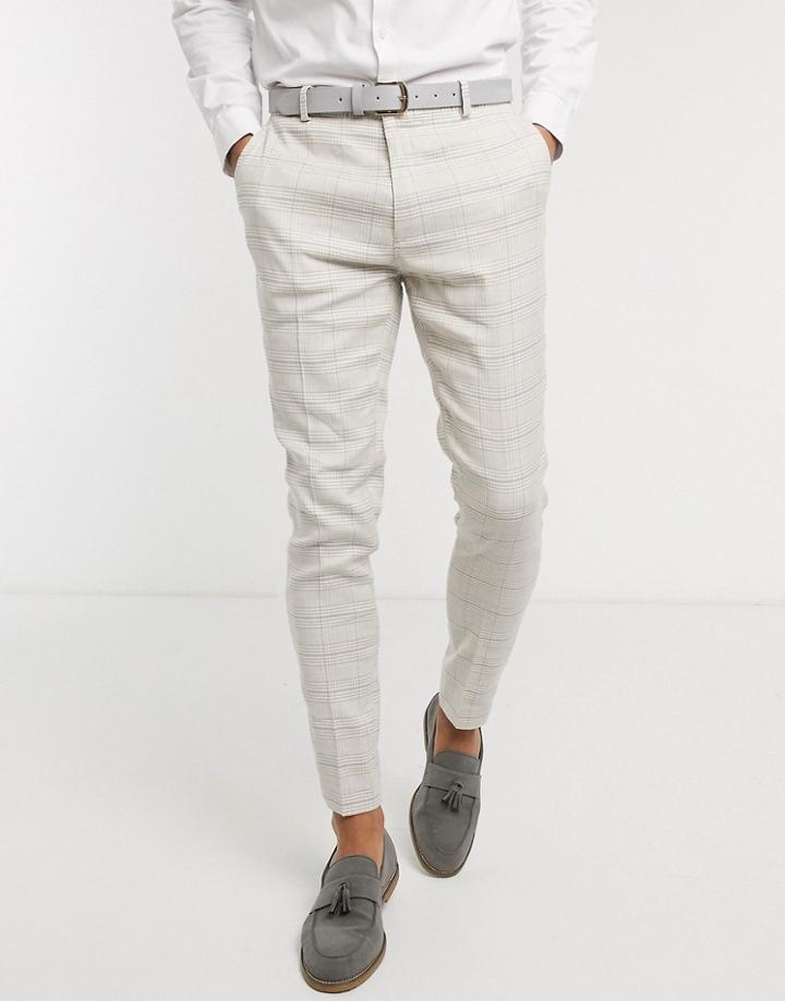 Asos Design Wedding Super Skinny Suit Pants In Stretch Cotton Linen In Stone Check-neutral