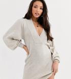 Asos Design Tall Deep V Neck Sweater Dress With Volume Sleeve-stone