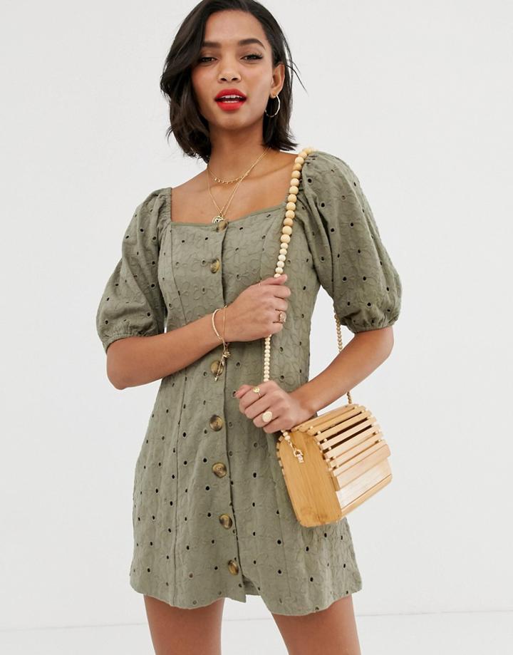 Asos Design Button Through Broderie Tea Dress-green