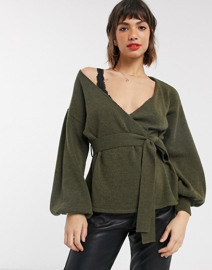 Asos Design Volume Sleeve Wrap Sweater-green