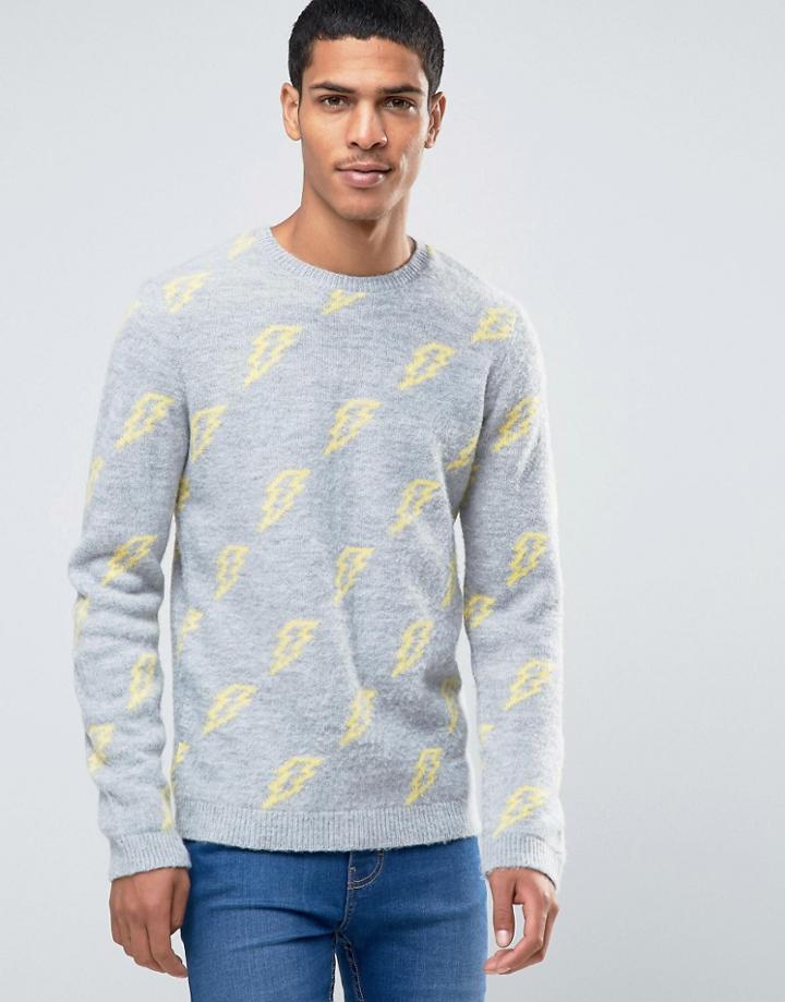 Asos Jumper With Lightning Bolts In Fluffy Yarn - Gray
