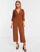 Asos Design Kimono Sleeve Culotte Jumpsuit In Terracotta-brown