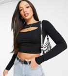 Asos Design Tall Long Sleeve Crop Top With Cut Out Front In Black
