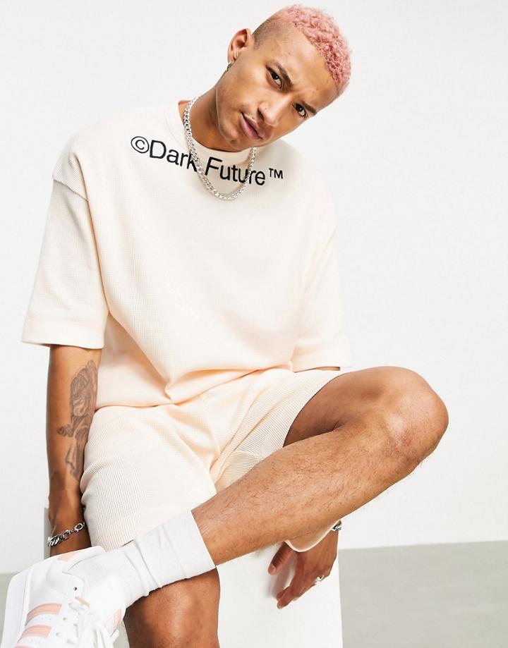Asos Dark Future Set Oversized Short Sleeved Sweatshirt In Lightweight Waffle In Neutral