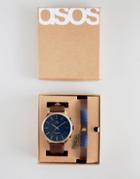 Asos Design Watch And Bracelet Set In Tan With Geo-tribal Emboss And Feather - Tan