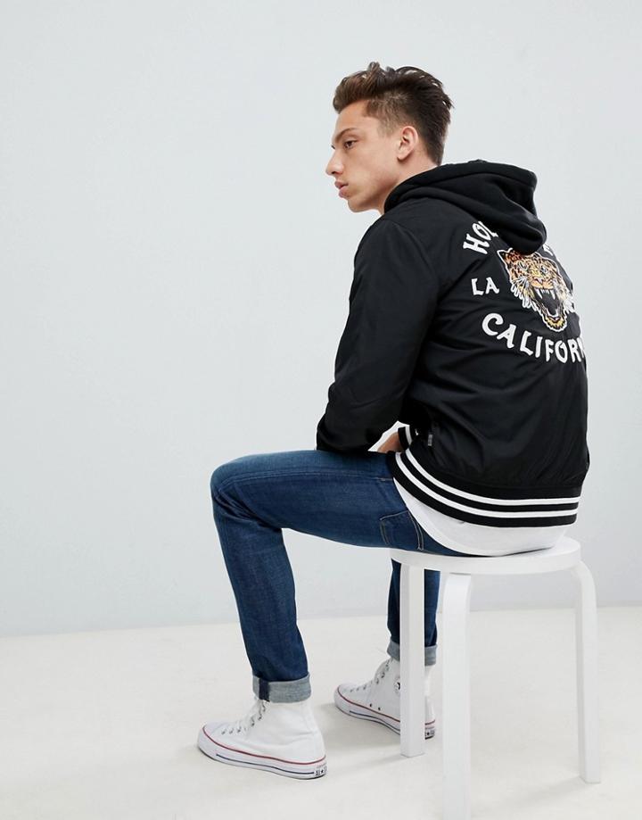 Hollister Hooded Varsity Bomber Jacket Contrast Sleeves And Back Logo In Black - Black