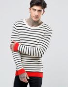 Scotch & Soda Sweater With Stripe Contrast Hem And Cuff In White Stripe - White