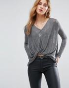 Only Twist Front Top With High Low Hem - Gray