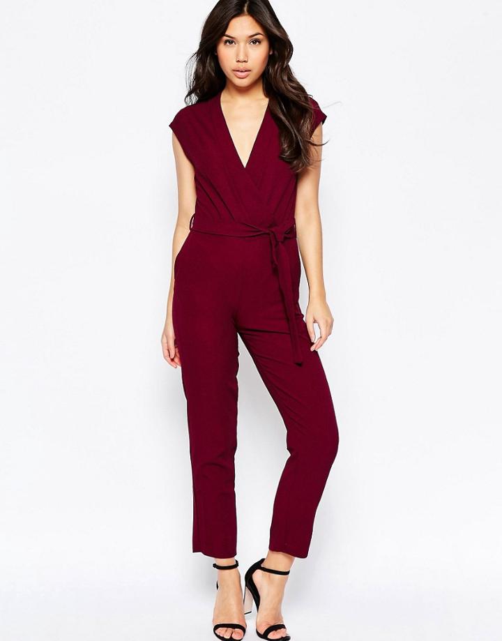Twin Sister Wrap Jumpsuit With Tie Waist - Purple