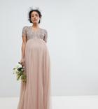 Maya Maternity V Neck Maxi Tulle Bridesmaid Dress With Tonal Delicate Sequins - Brown