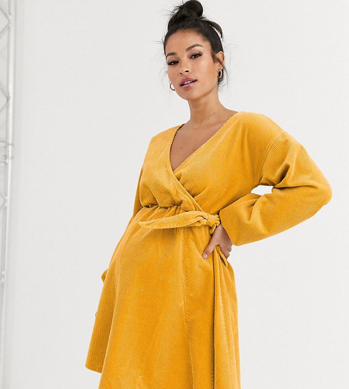 Asos Design Maternity Cord Wrap Smock Mini Dress In Marigold