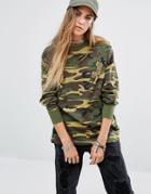Reclaimed Vintage Souvenir Long Sleeve Top In Camo With Tiger Patches - Green