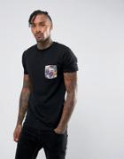 Asos Muscle T-shirt With Woven Floral Printed Pocket - Black