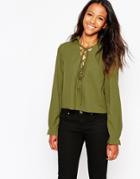 Daisy Street Blouse With Lace Up Font - Khaki