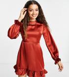Flounce London Petite Long Sleeve Backless Mini Dress In Cinnamon-brown