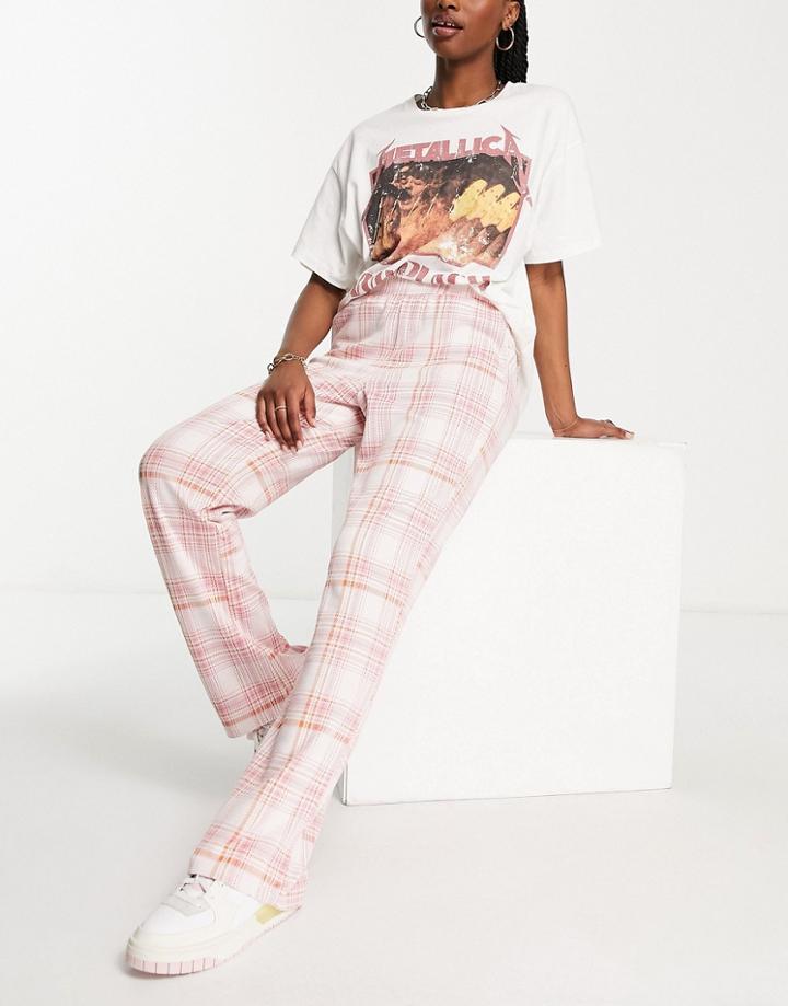 Vila Jersey Wide Leg Pants In Pink Check - Lpink