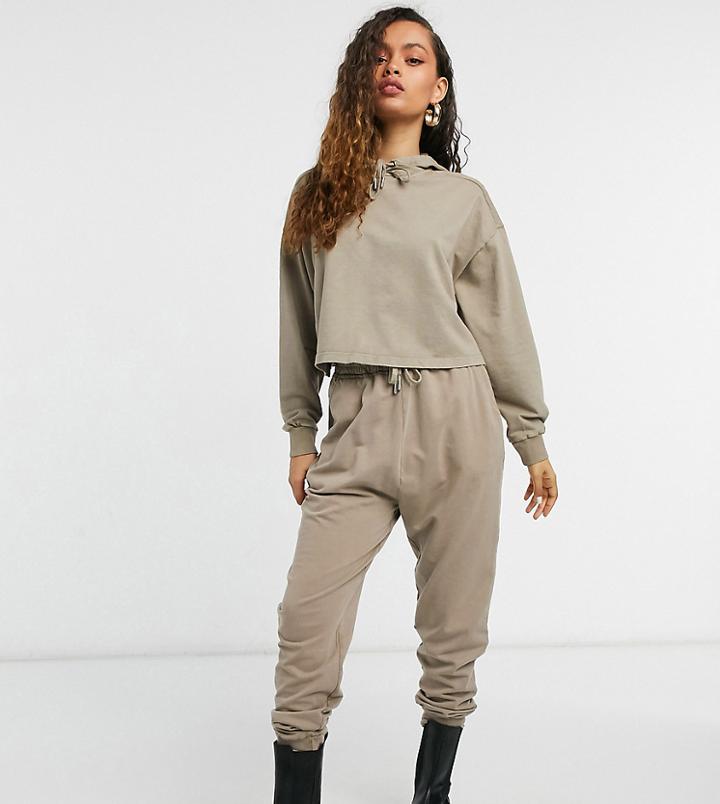 Asos Design Petite Tracksuit Hoodie / Sweatpants In Acid Wash In Mushroom-brown