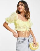 The Frolic Milkmaid Top With Puff Sleeves In Lemon Organza-yellow