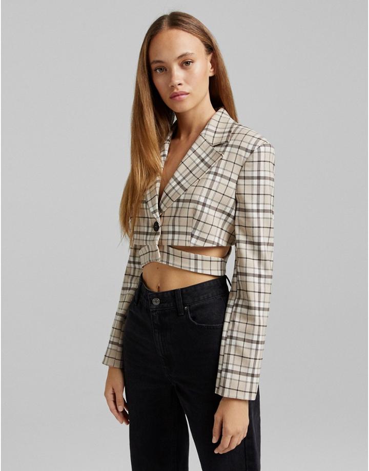 Bershka Cropped Blazer In Beige Check-neutral