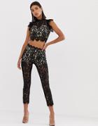 Love Triangle Eyelash Lace Cigarette Pants Top Two-piece In Black - Black
