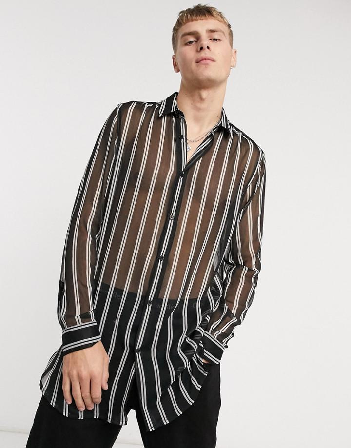 Asos Design Longline Regular Shirt With Curved Hem In Sheer Stripe-black