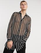 Asos Design Longline Regular Shirt With Curved Hem In Sheer Stripe-black