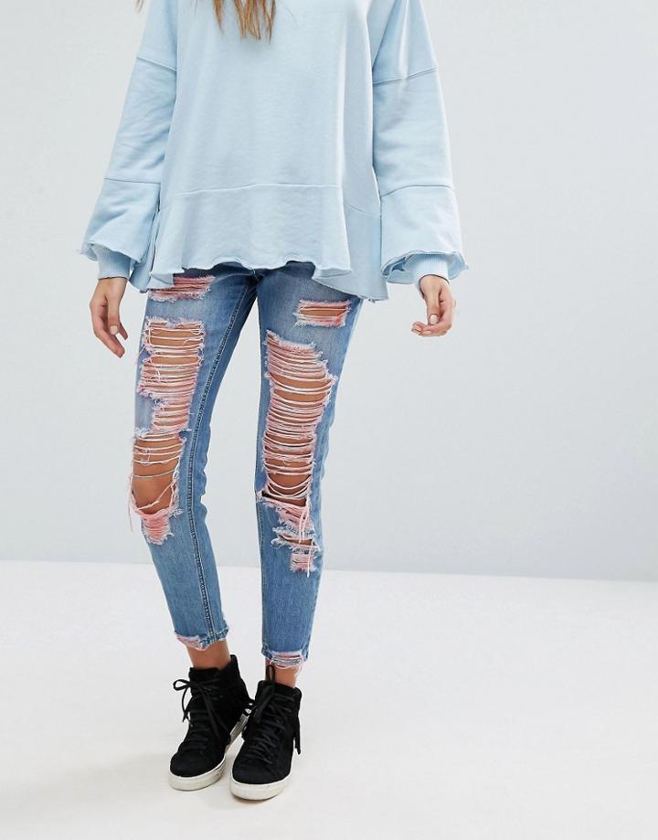 Missguided Riot Super Ripped Pink Jeans - Blue
