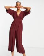 Asos Design Kimono Sleeve Culotte Jumpsuit In Burgundy-red