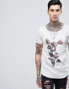 Asos Design Longline T-shirt With Rose Print In Rib Fabric - Gray