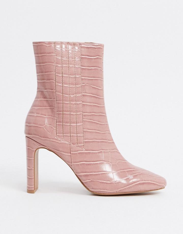 Asos Design Embark High Ankle Boots In Pink Croc