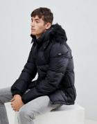 Schott Puffer Jacket With Detachable Hood & Faux Fur Trim Black - Black