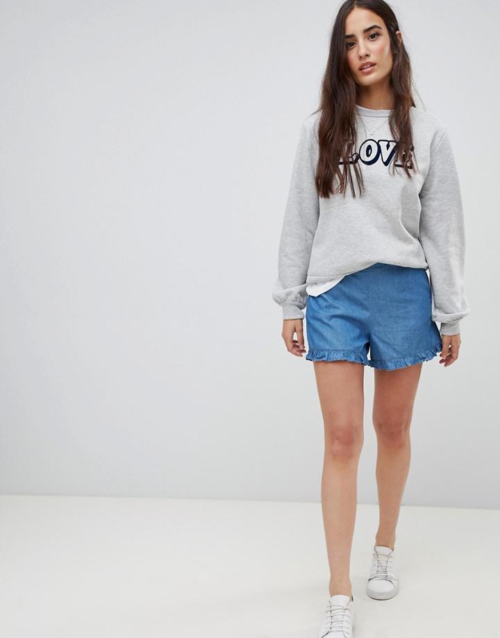 Vila Ruffle Hem Denim Shorts - Blue