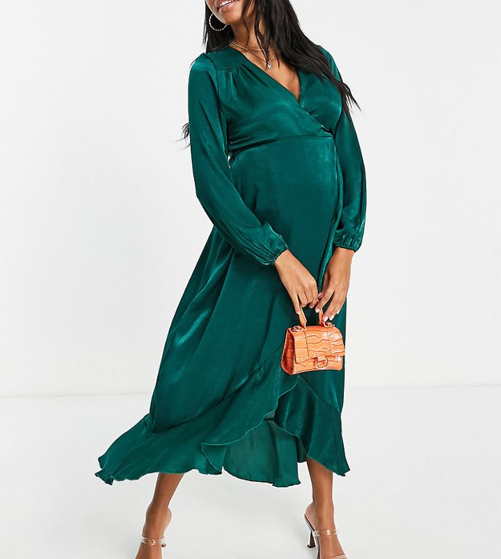Flounce London Maternity Long Sleeve Wrap Maxi Dress In Emerald Green