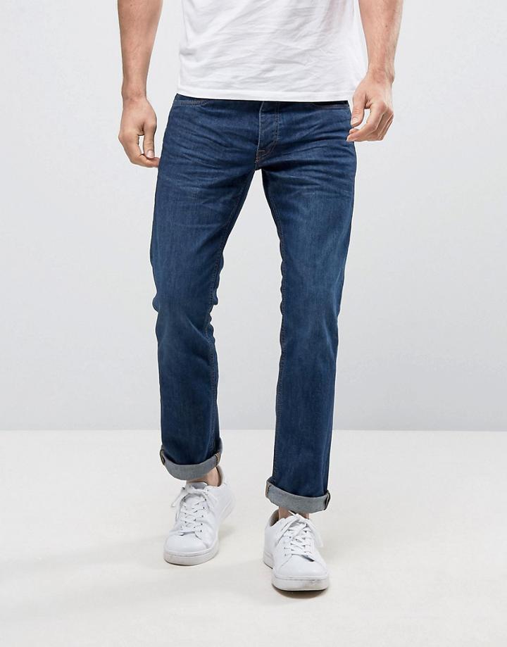 Jack & Jones Intelligence Straight Fit Jeans In Dark Blue Wash - Blue
